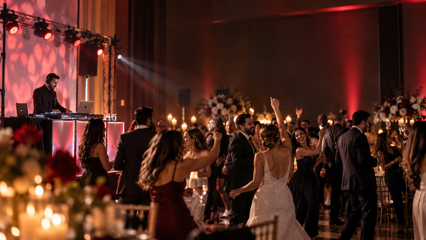 Guests dancing at a wedding reception with a professional DJ setup in the background