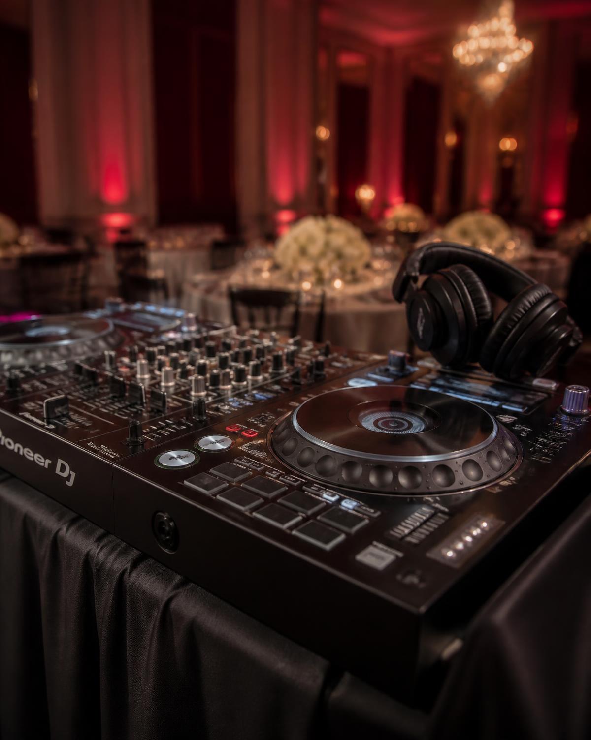 DJ equipment set up in a softly lit event space